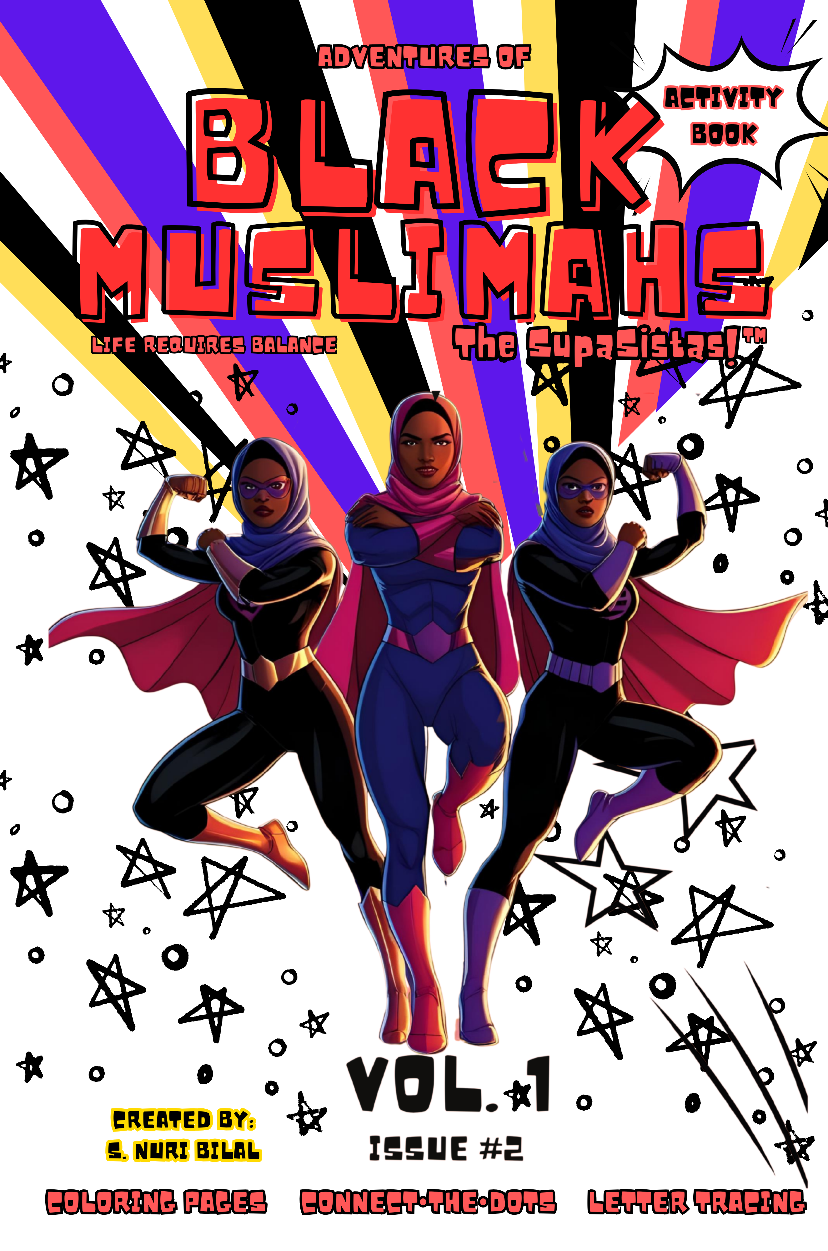 Adventures of Black Muslimahs Activity Book 2 cover, activities and coloring