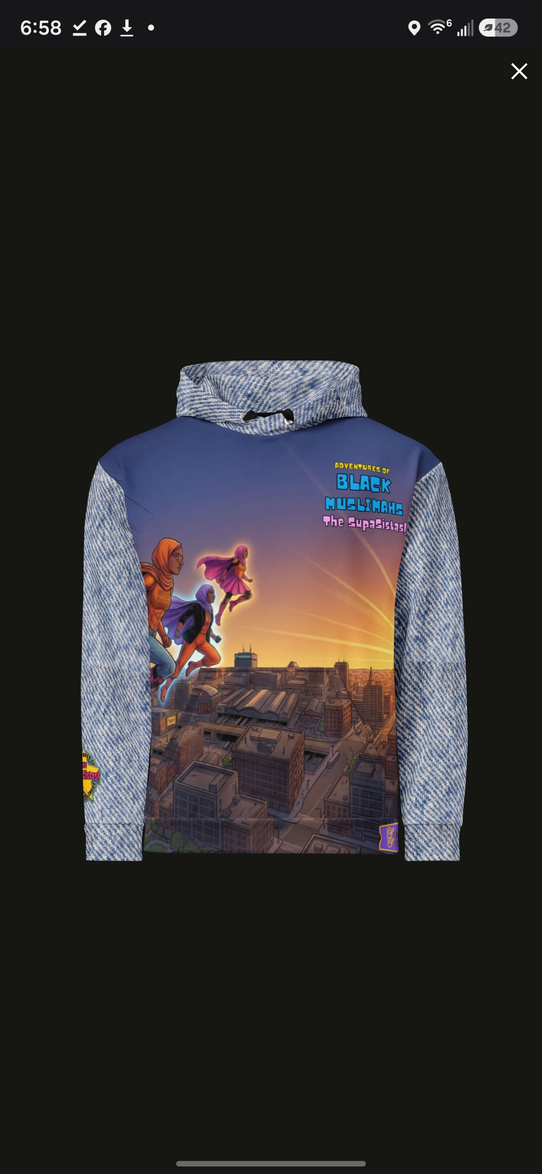 Adventures of Black Muslimahs: The SupaSistas hoodie, denim print with skyline cover art