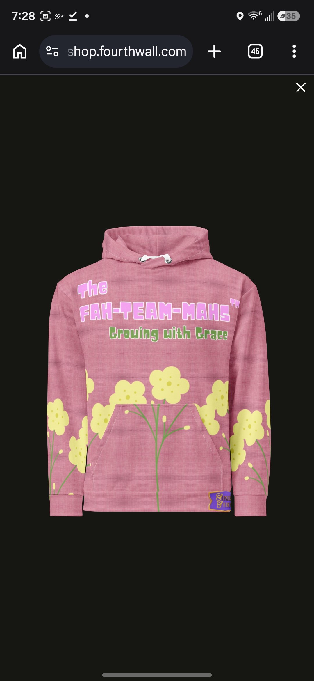 The Fah-Team-Mahs hoodie, pink with floral print and Growing with Grace tagline
