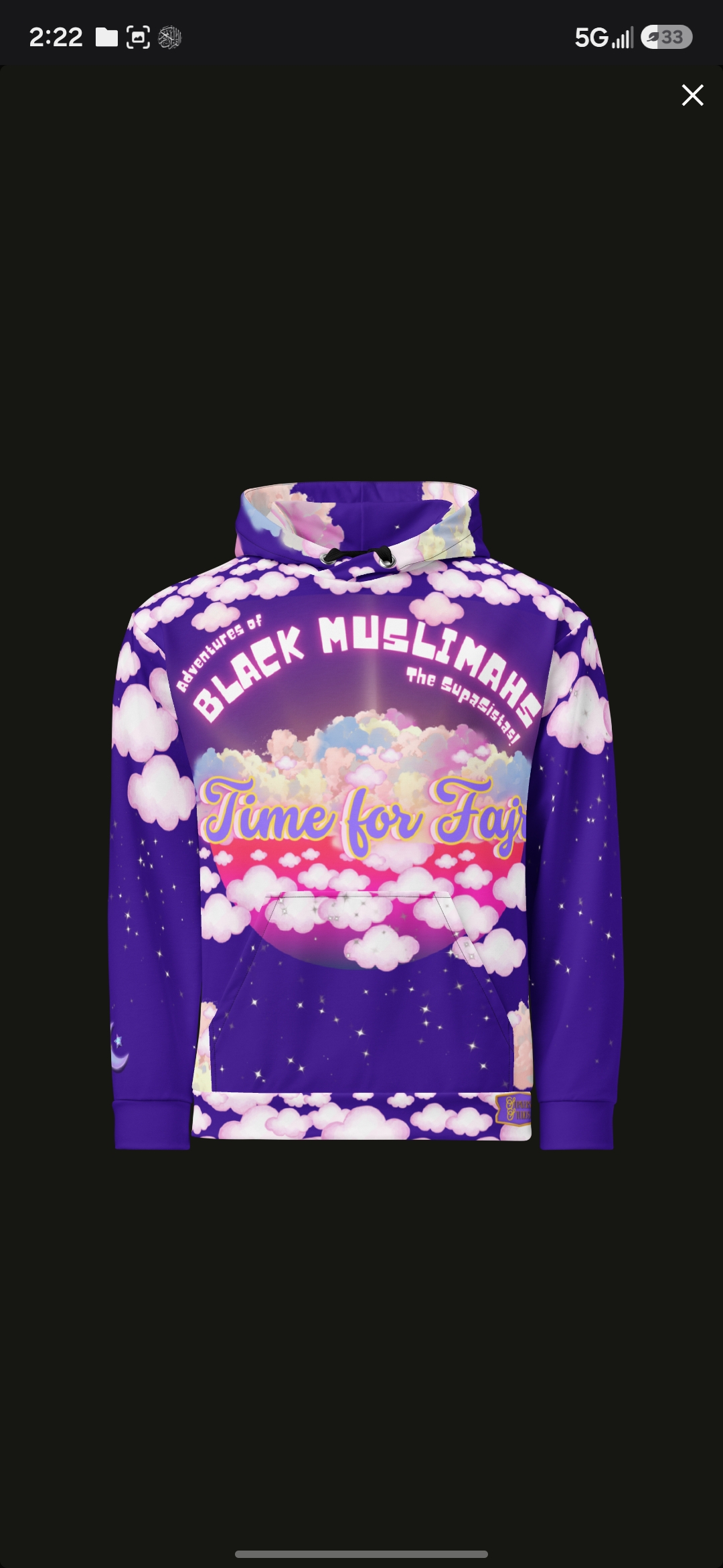 Time for Fajr hoodie, purple cloud print tied to Issue 3